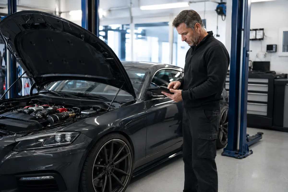 Technicus voert diagnose uit aan een merkloze sportwagen