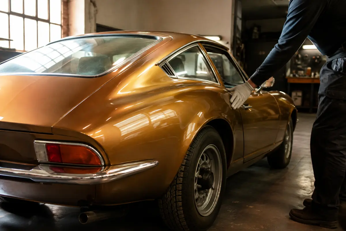 Merkloze klassieke sportwagen tijdens inspectie in een atelier